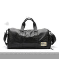 Black waterproof PU leather large capacity sports training bag showing internal computer and camera pockets