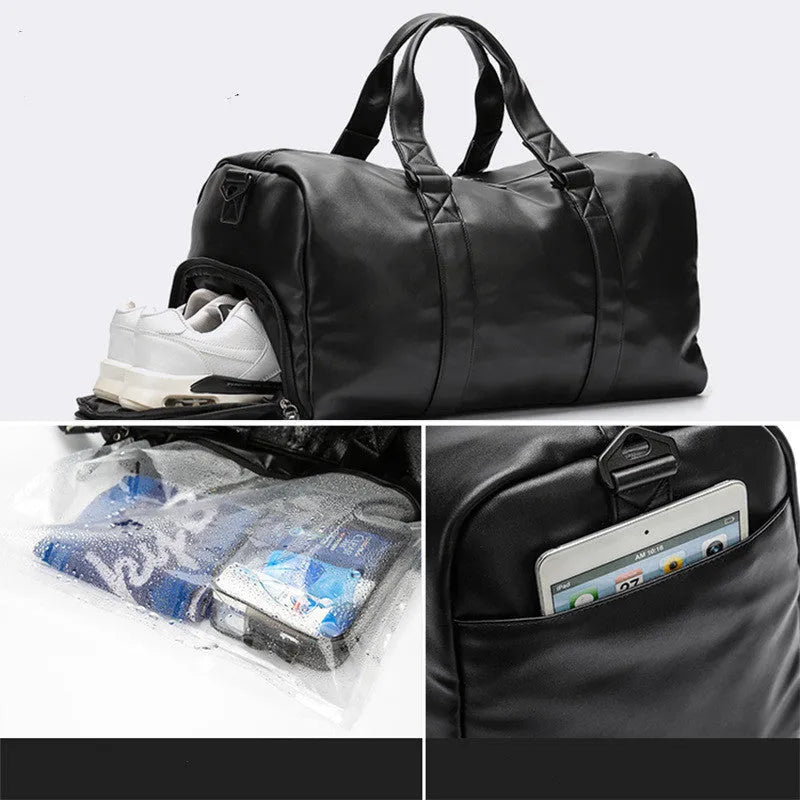 Black waterproof PU leather large capacity sports training bag showing internal computer and camera pockets