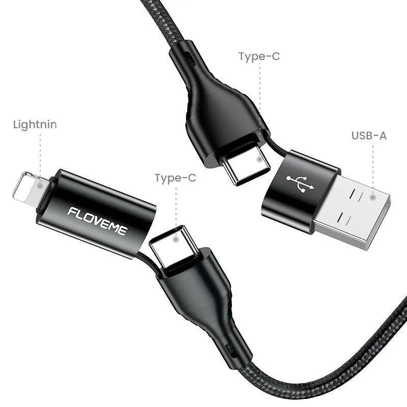 Black nylon braided 4-in-1 data cable with USB-C and Lightning connectors on 1-metre cable