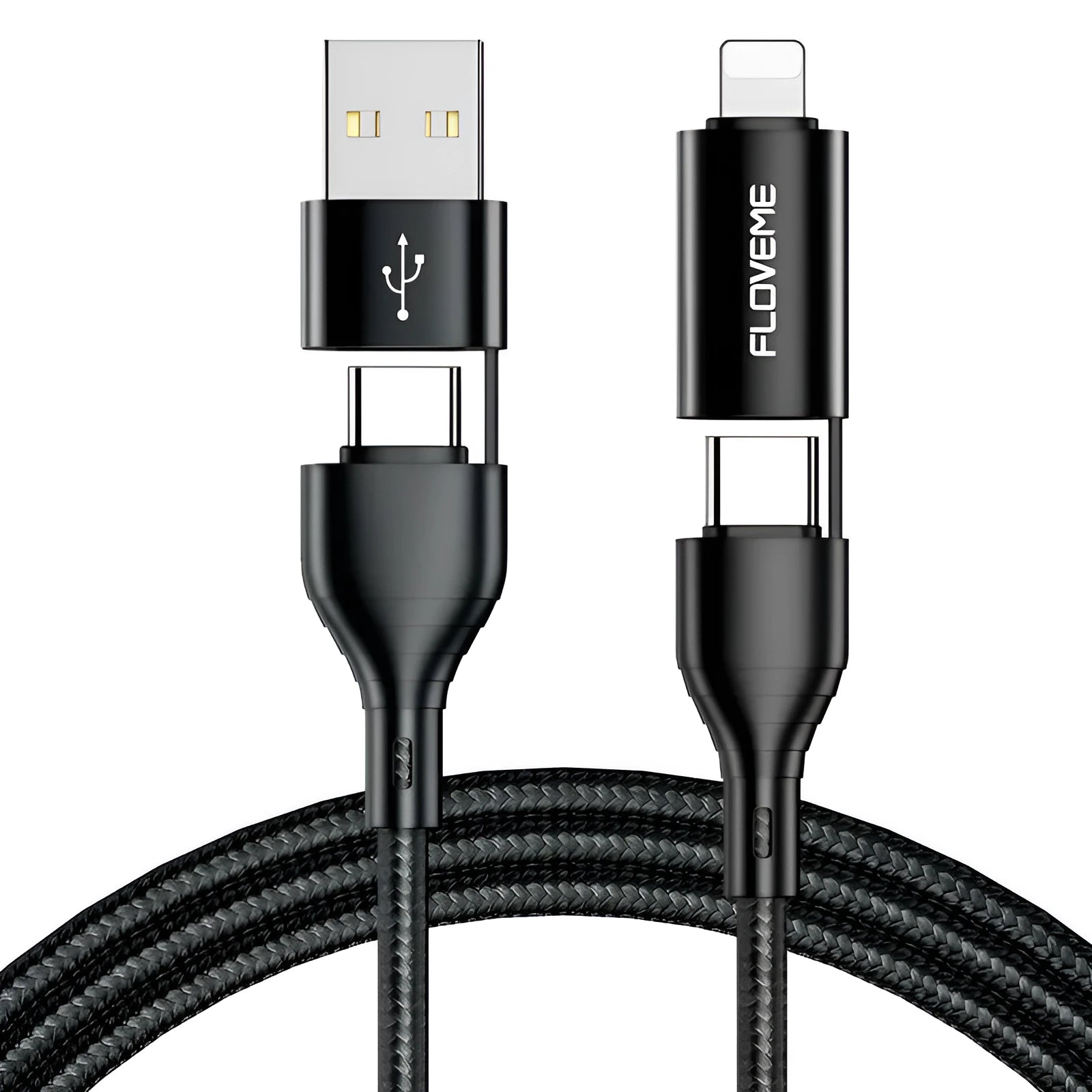 Black nylon braided 4-in-1 data cable with USB-C and Lightning connectors on 1-metre cable
