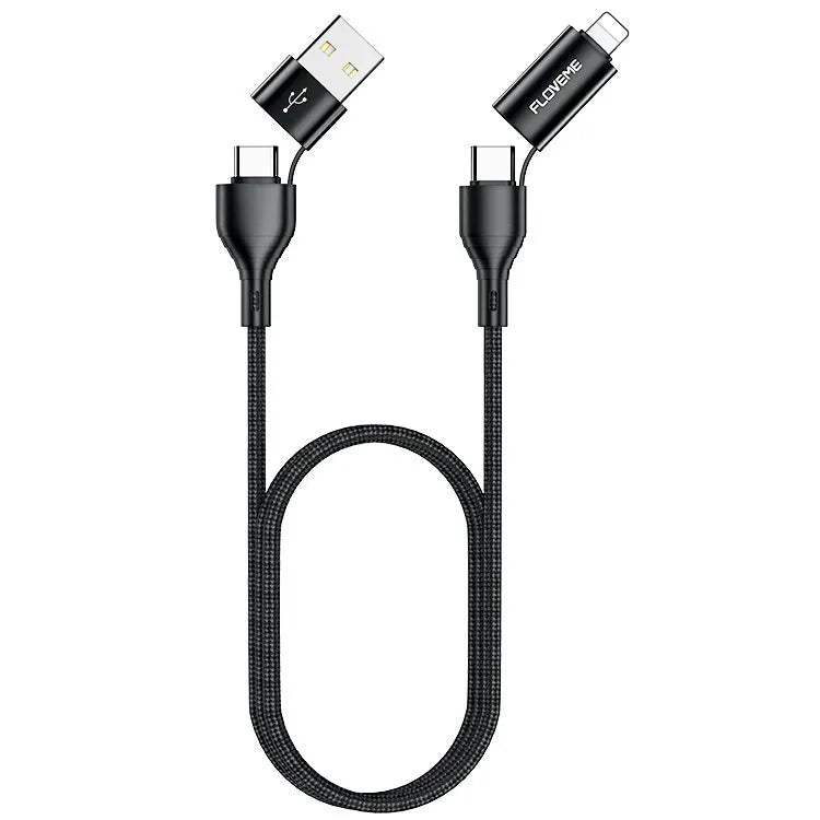 Black nylon braided 4-in-1 data cable with USB-C and Lightning connectors on 1-metre cable