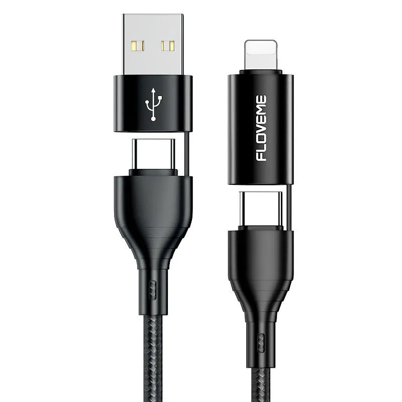 Black nylon braided 4-in-1 data cable with USB-C and Lightning connectors on 1-metre cable