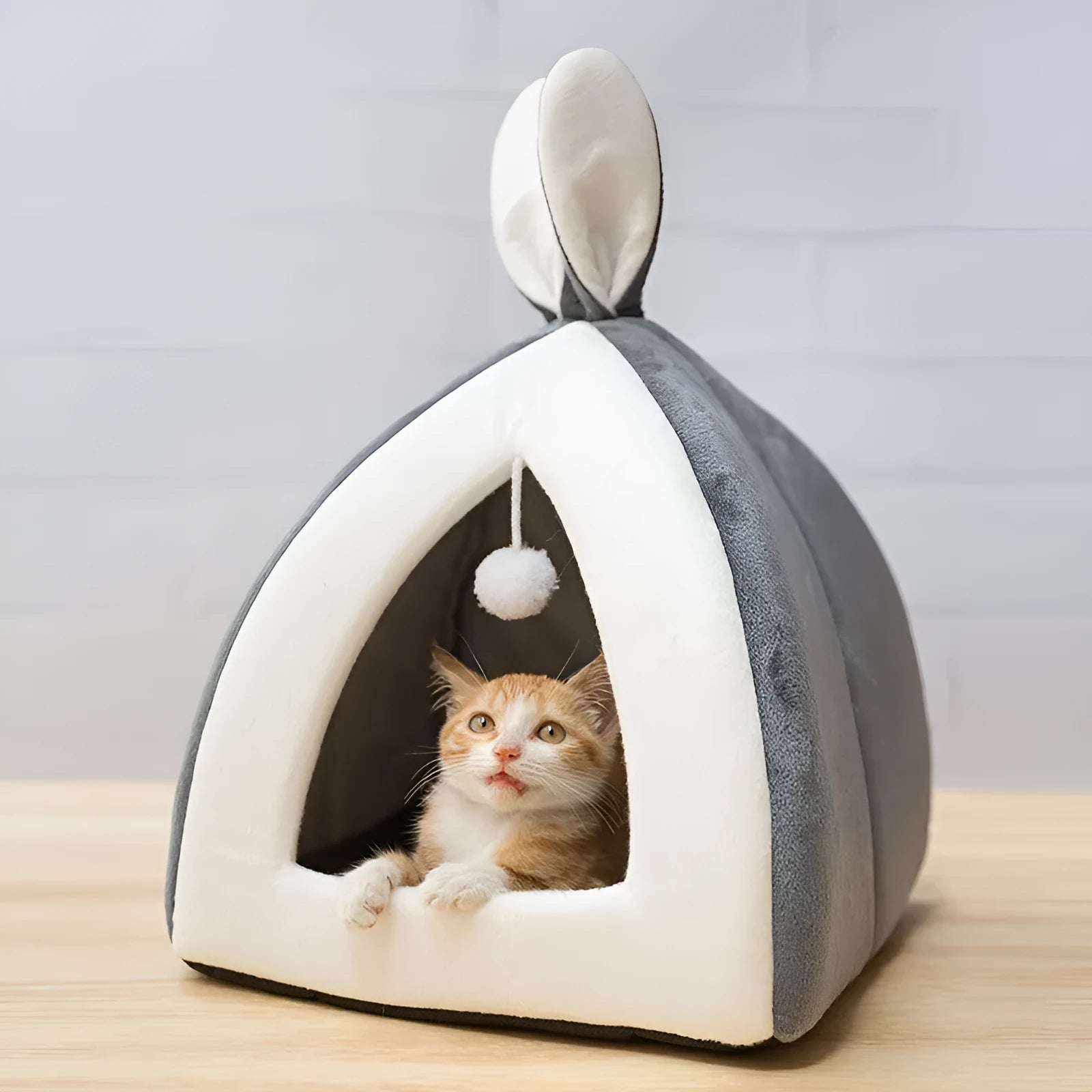Washable grey cloth cat house for cats and small dogs, shown in the large size.