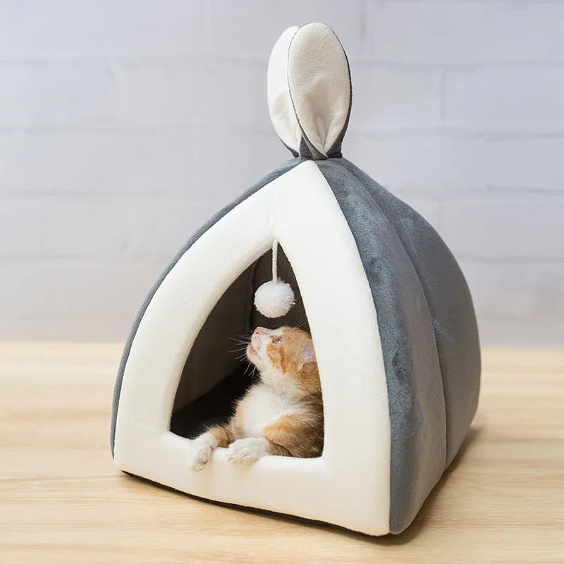 Washable grey cloth cat house for cats and small dogs, shown in the large size.