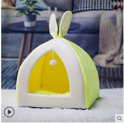 Washable grey cloth cat house for cats and small dogs, shown in the large size.