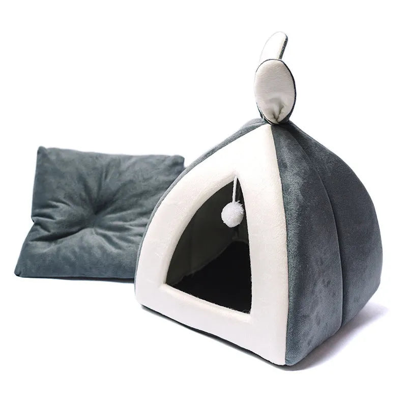 Washable grey cloth cat house for cats and small dogs, shown in the large size.