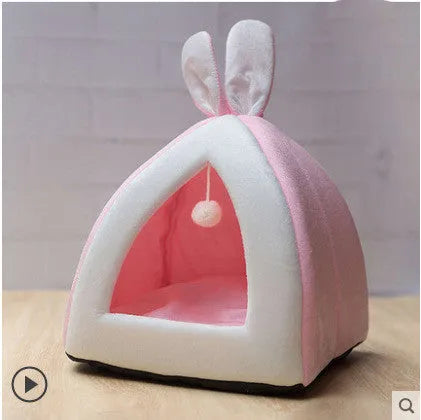 Washable grey cloth cat house for cats and small dogs, shown in the large size.
