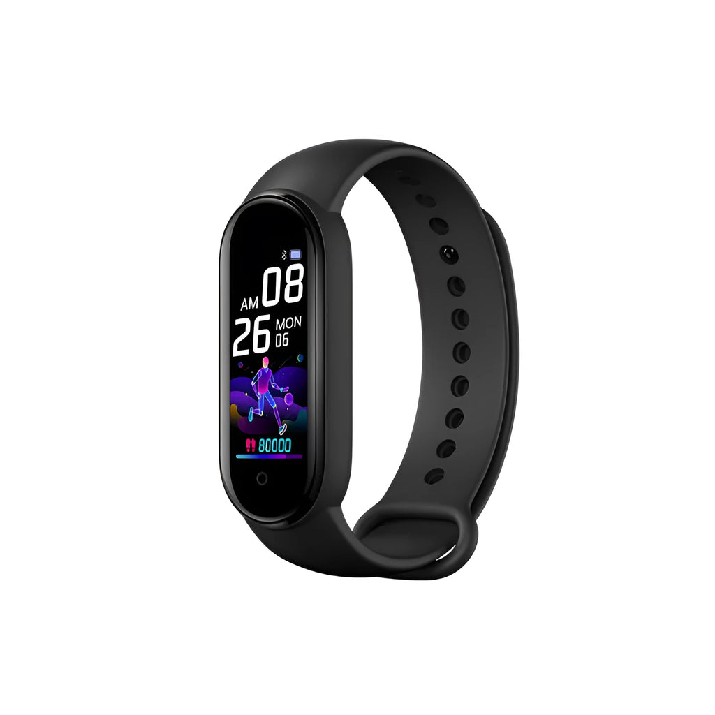 M5 smart fitness bracelet on wrist showing heart rate display, compatible with iOS and Android phones.