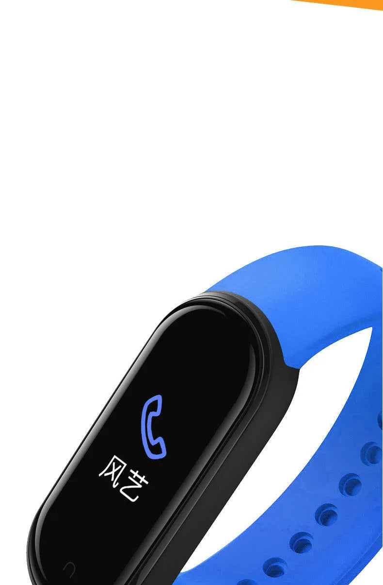 M5 smart fitness bracelet on wrist showing heart rate display, compatible with iOS and Android phones.