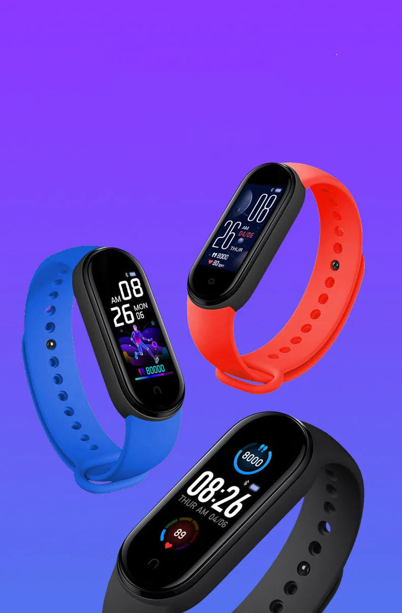 M5 smart fitness bracelet on wrist showing heart rate display, compatible with iOS and Android phones.