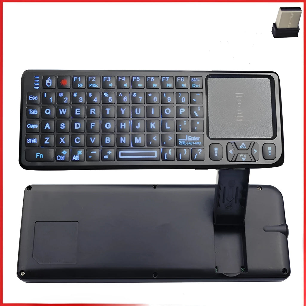 Black wireless mini keyboard with integrated touch screen and laser pointer for teaching presentations.