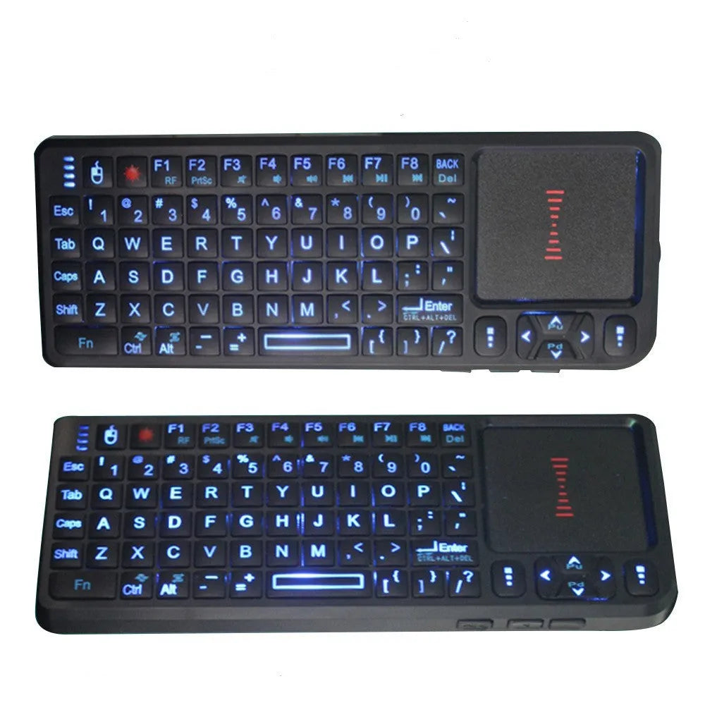 Black wireless mini keyboard with integrated touch screen and laser pointer for teaching presentations.