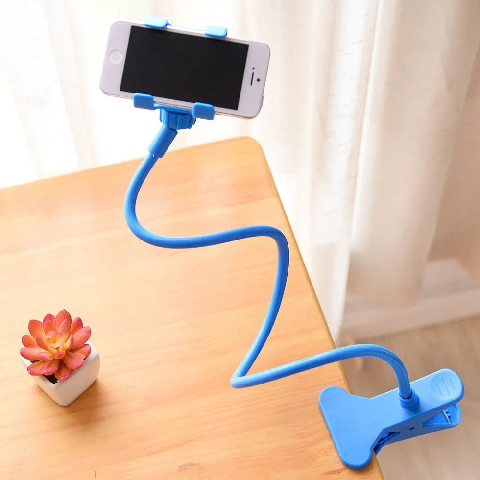 Black universal mobile phone holder with long 70cm flexible arm and V-type clip.