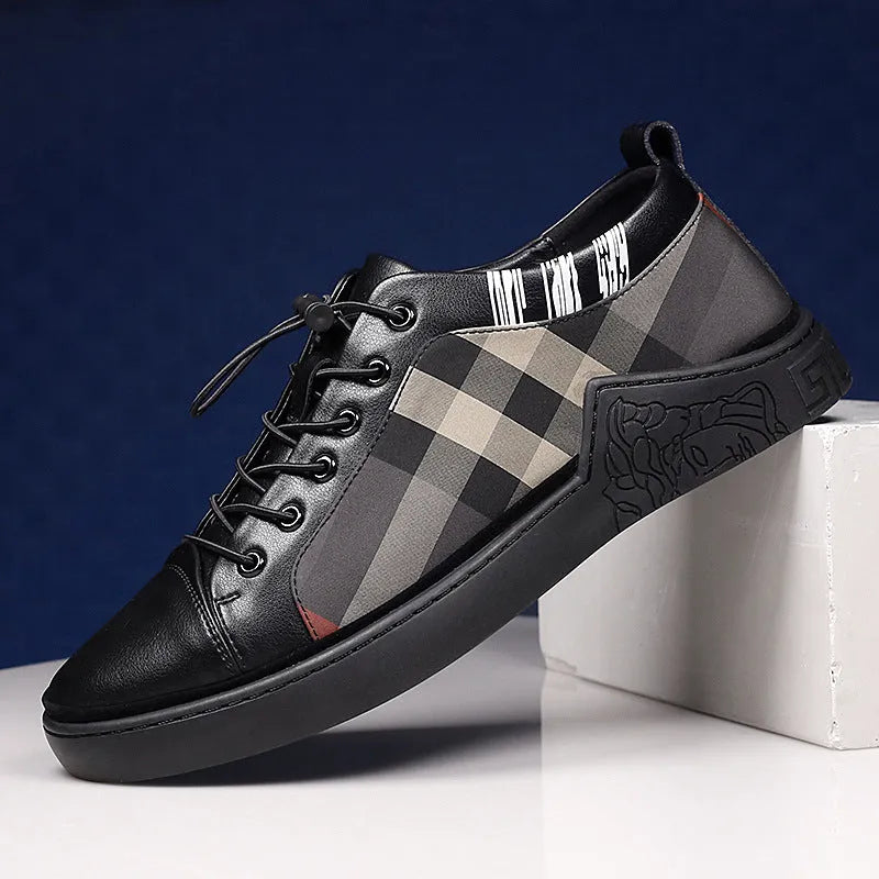 Breathable check cloth board shoes for men with cross straps in white, rubber sole, low heel