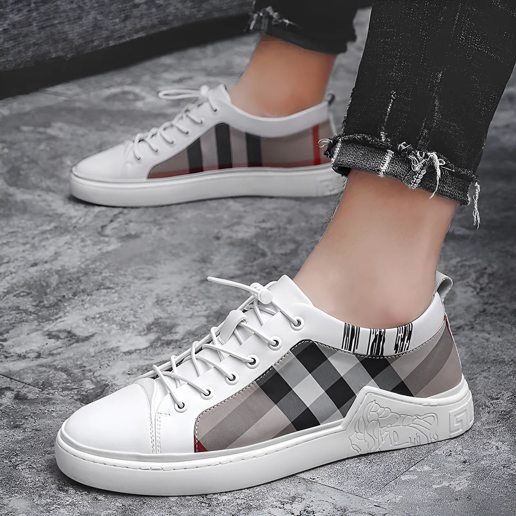 Breathable check cloth board shoes for men with cross straps in white, rubber sole, low heel