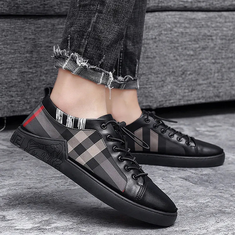 Breathable check cloth board shoes for men with cross straps in white, rubber sole, low heel