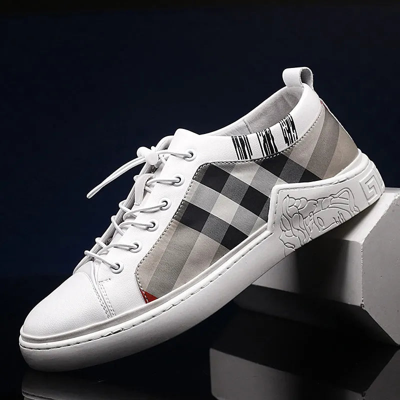 Breathable check cloth board shoes for men with cross straps in white, rubber sole, low heel