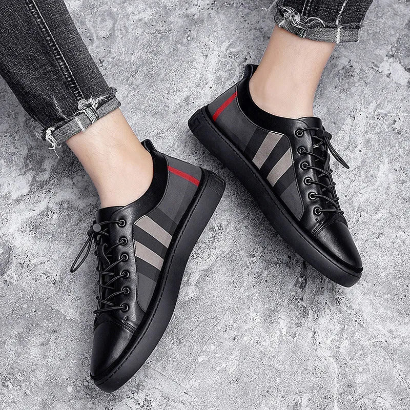 Breathable check cloth board shoes for men with cross straps in white, rubber sole, low heel