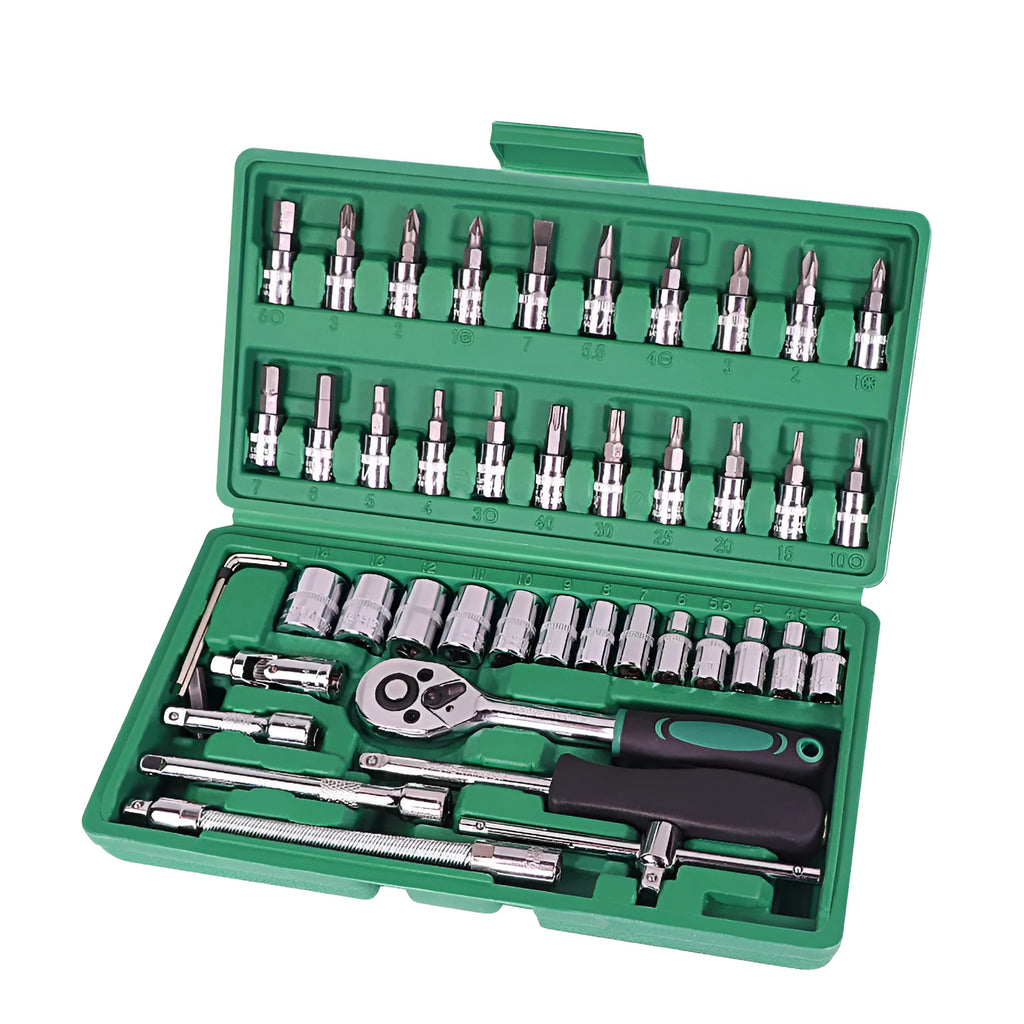 Green plastic case open showing 46-piece carbon steel socket set and wrenches for car repair.