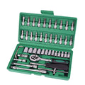 Green plastic case open showing 46-piece carbon steel socket set and wrenches for car repair.