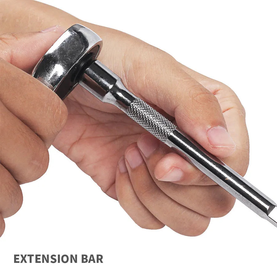 Green plastic case open showing 46-piece carbon steel socket set and wrenches for car repair.