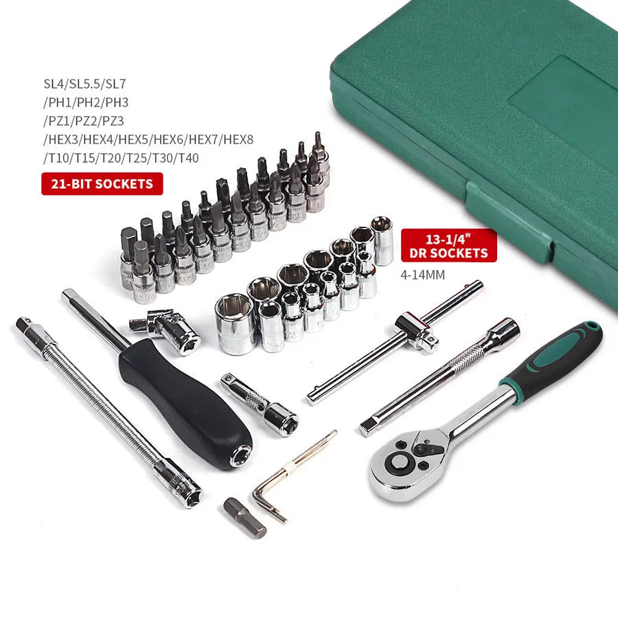 Green plastic case open showing 46-piece carbon steel socket set and wrenches for car repair.