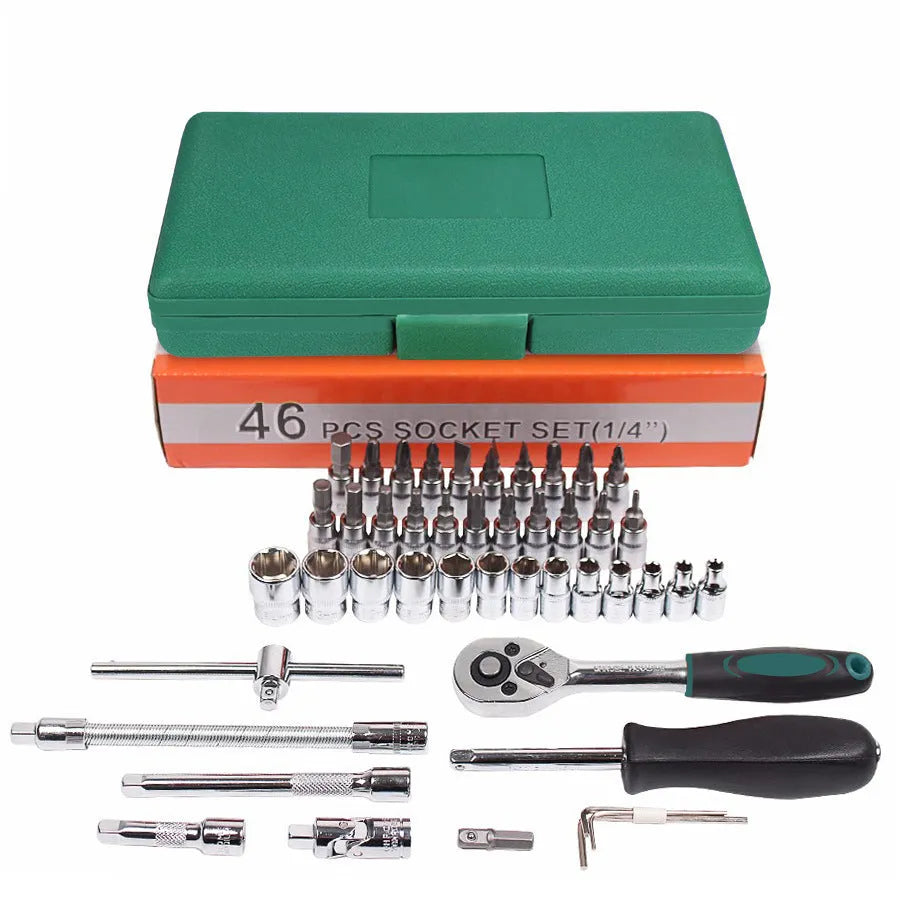 Green plastic case open showing 46-piece carbon steel socket set and wrenches for car repair.