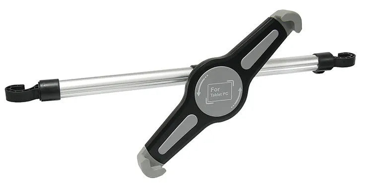 Universal ABS tablet stand in black colour holding a tablet in landscape orientation