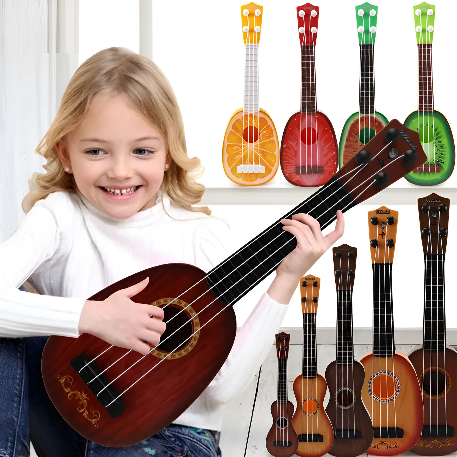 Plastic simulation ukulele toy for children with retro design and safe construction