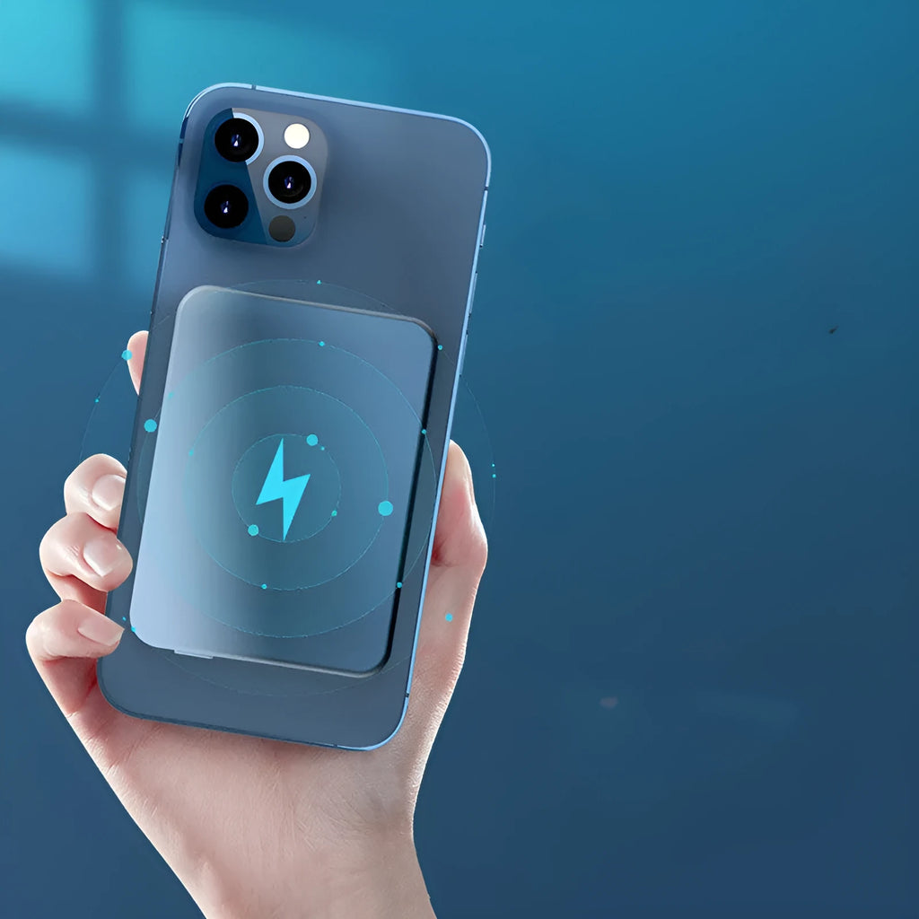 Silver Apple wireless magnetic charging power bank with USB-C port and slim aluminium design