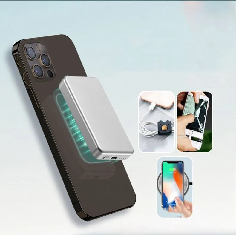 Silver Apple wireless magnetic charging power bank with USB-C port and slim aluminium design