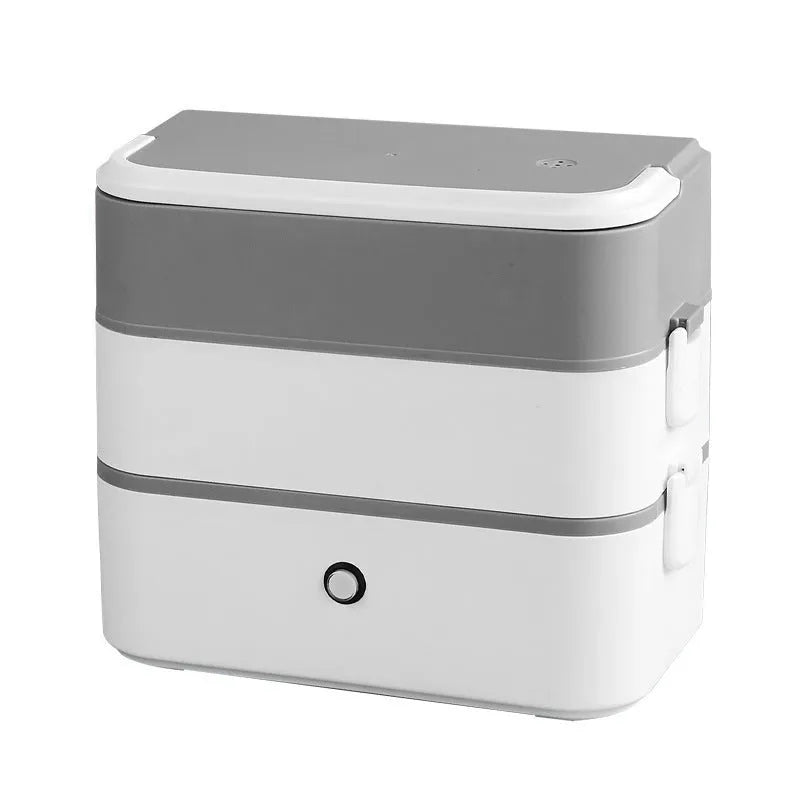 Double-layer portable heated lunch box with stainless steel interior and push-button controls