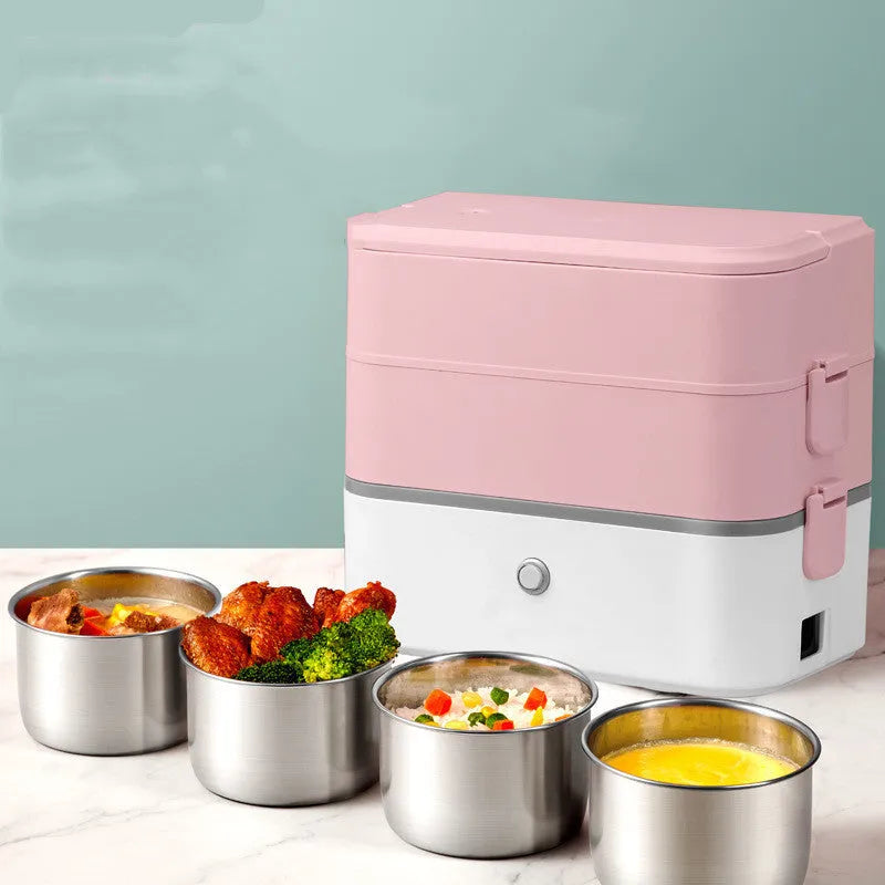 Double-layer portable heated lunch box with stainless steel interior and push-button controls