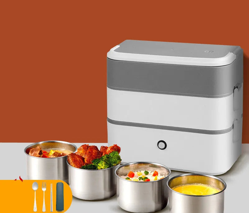 Double-layer portable heated lunch box with stainless steel interior and push-button controls