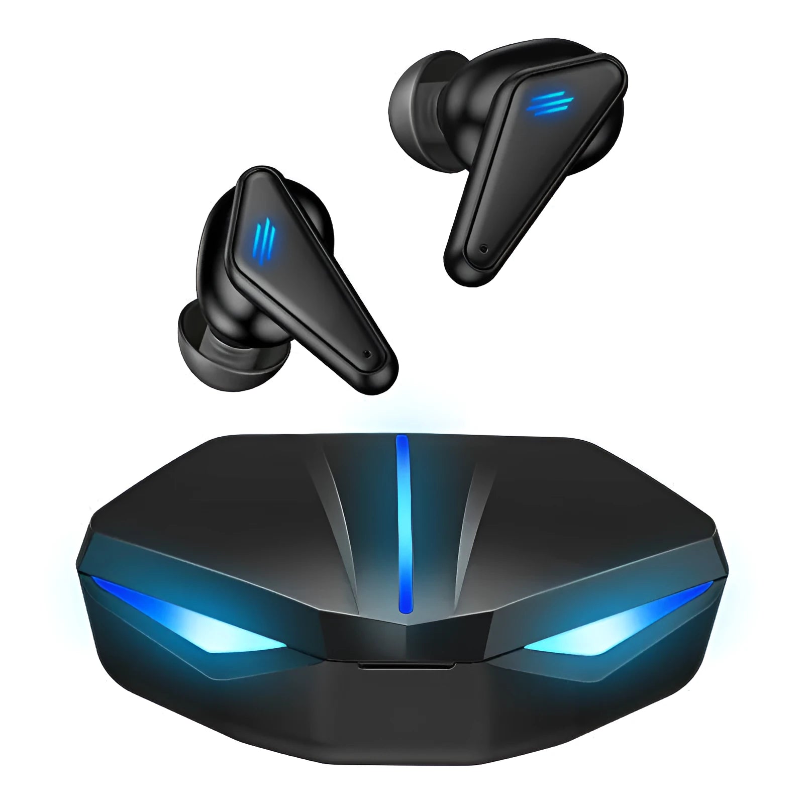 Blue K55 wireless Bluetooth gaming headset showing TWS earbuds with low latency for mobile gaming.