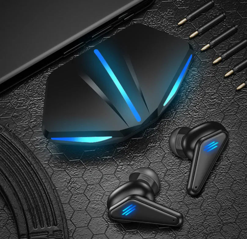 Blue K55 wireless Bluetooth gaming headset showing TWS earbuds with low latency for mobile gaming.