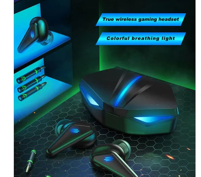 Blue K55 wireless Bluetooth gaming headset showing TWS earbuds with low latency for mobile gaming.