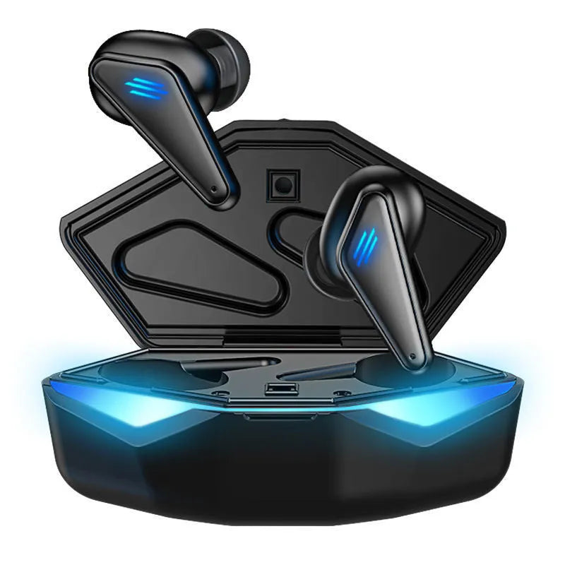 Blue K55 wireless Bluetooth gaming headset showing TWS earbuds with low latency for mobile gaming.