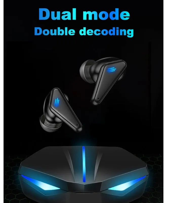 Blue K55 wireless Bluetooth gaming headset showing TWS earbuds with low latency for mobile gaming.