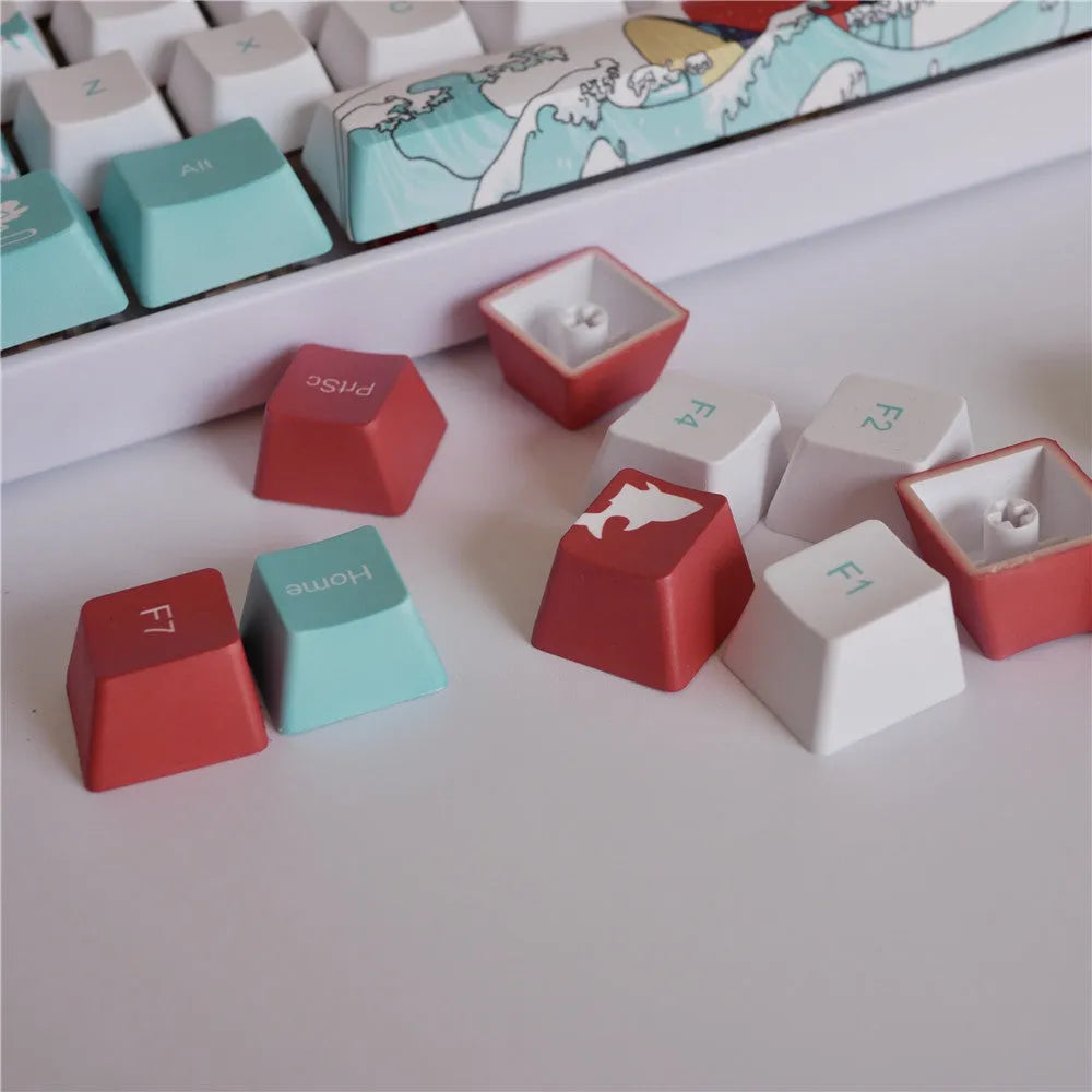Coral Sea 108-key keycap set with wireless USB and multimedia keys on a mechanical keyboard