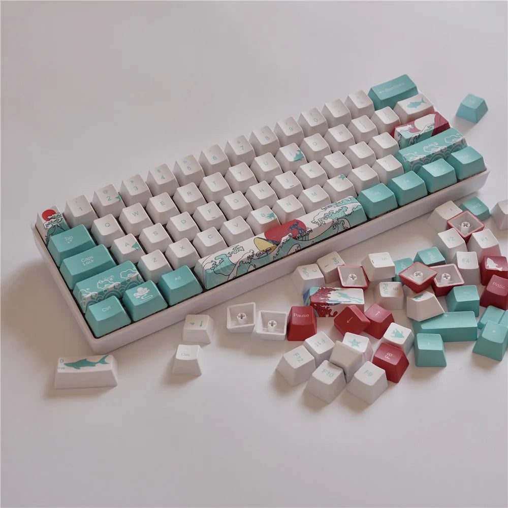 Coral Sea 108-key keycap set with wireless USB and multimedia keys on a mechanical keyboard