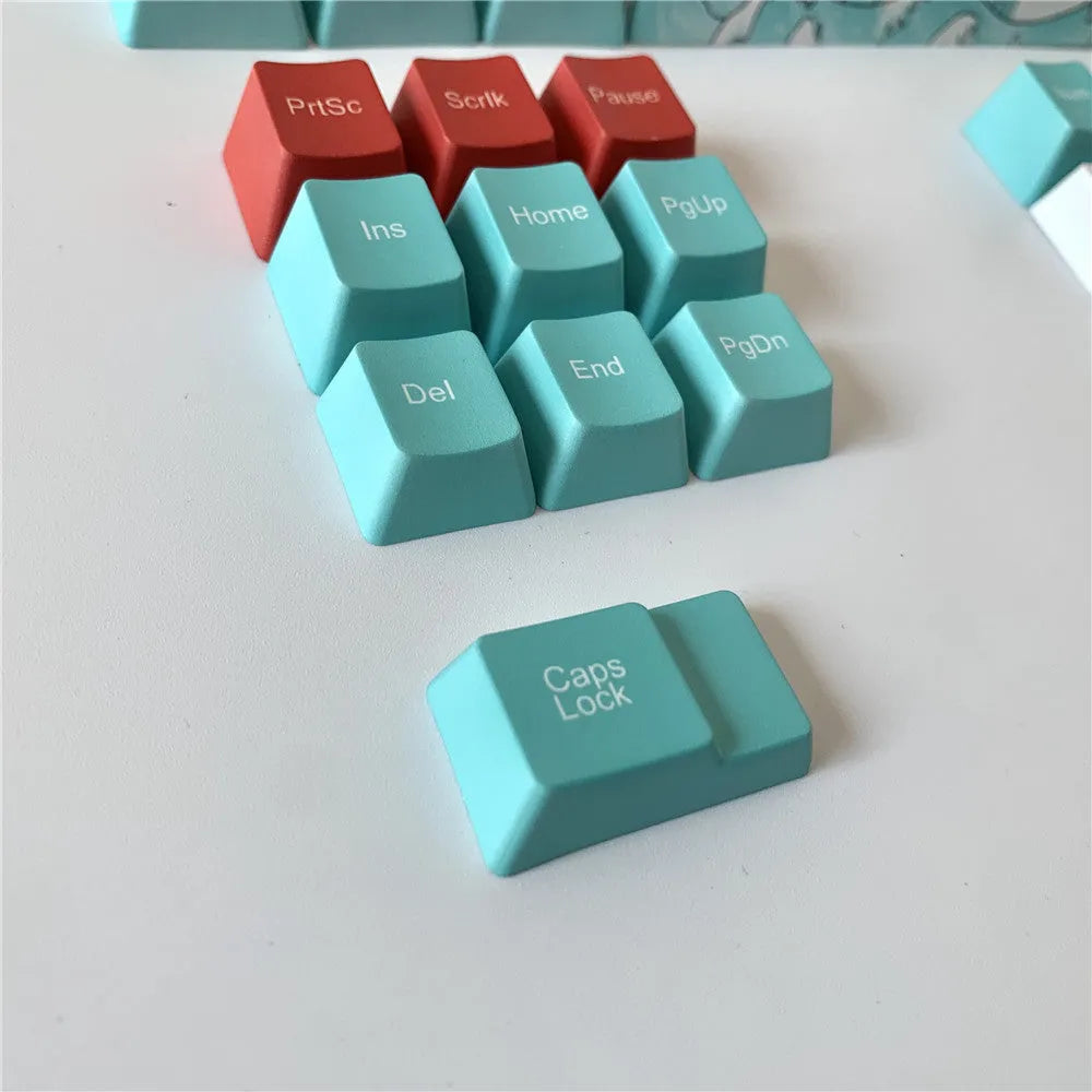 Coral Sea 108-key keycap set with wireless USB and multimedia keys on a mechanical keyboard