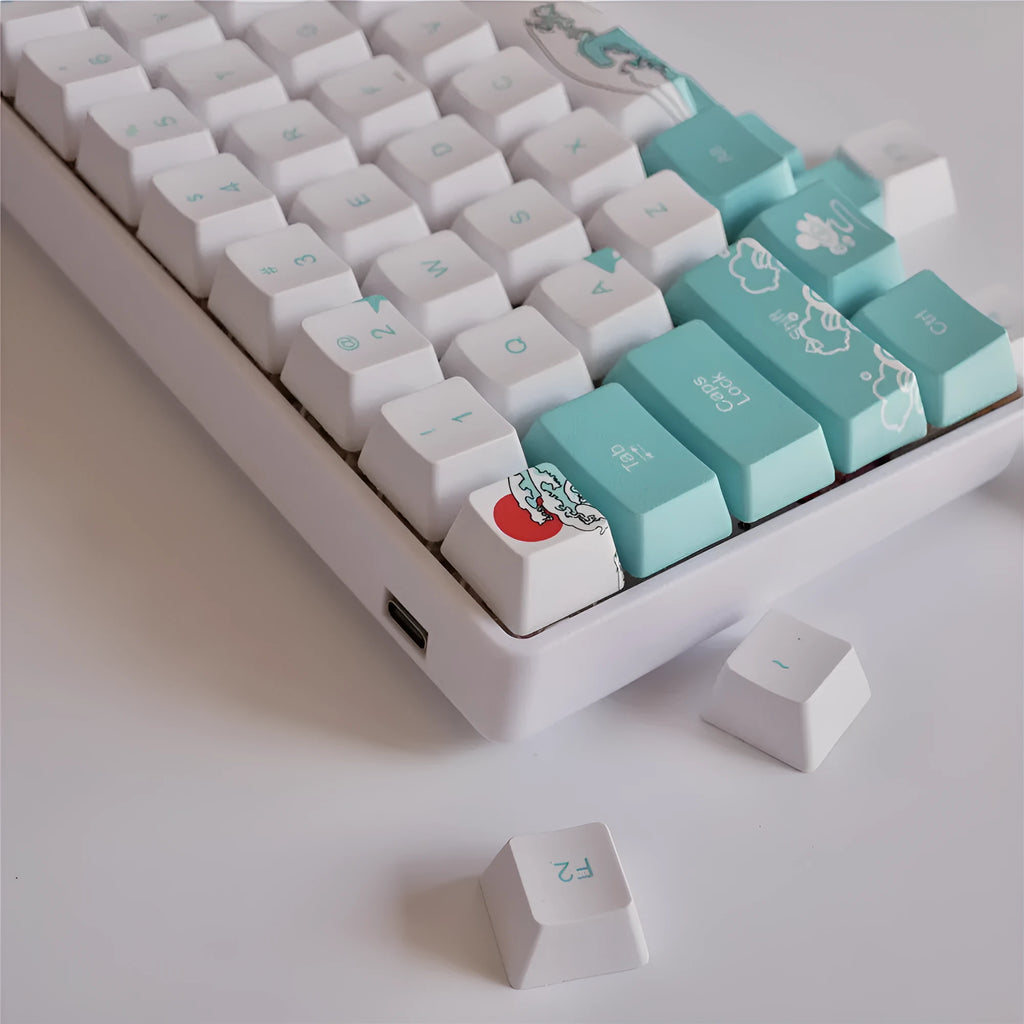 Coral Sea 108-key keycap set with wireless USB and multimedia keys on a mechanical keyboard