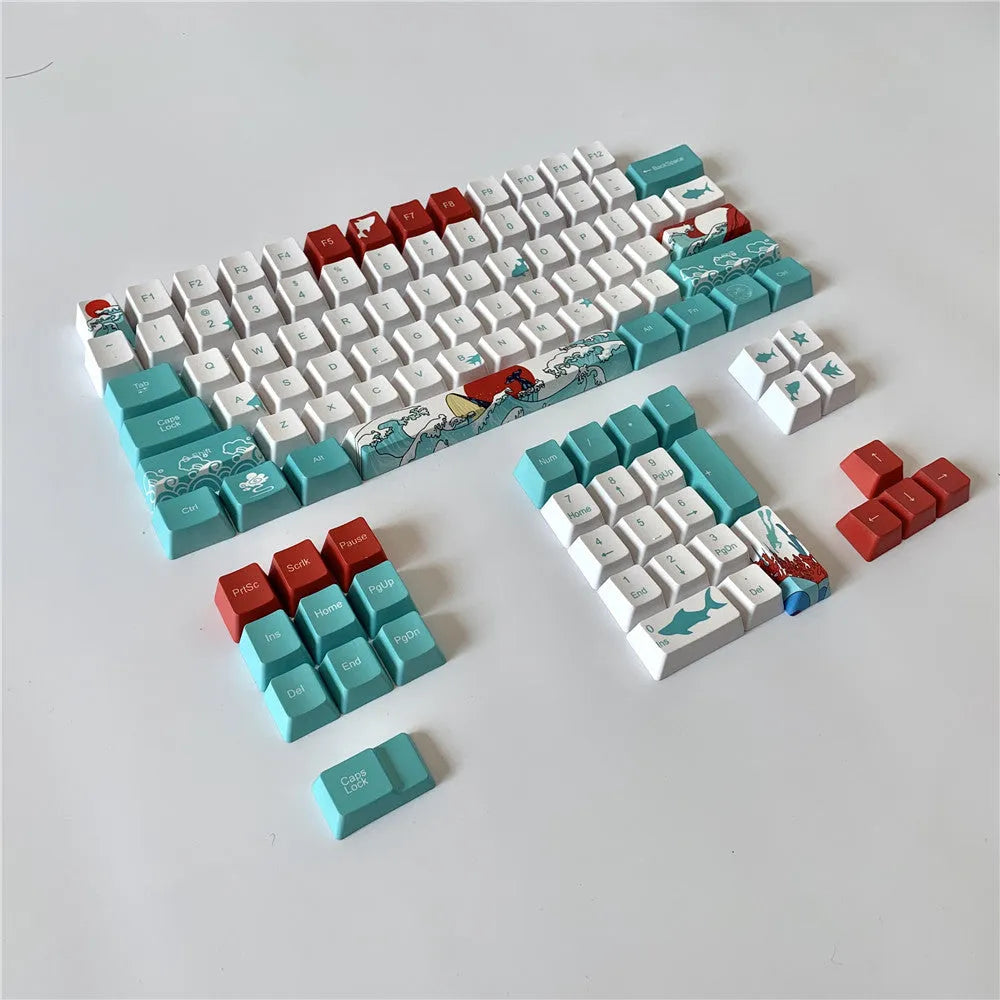 Coral Sea 108-key keycap set with wireless USB and multimedia keys on a mechanical keyboard