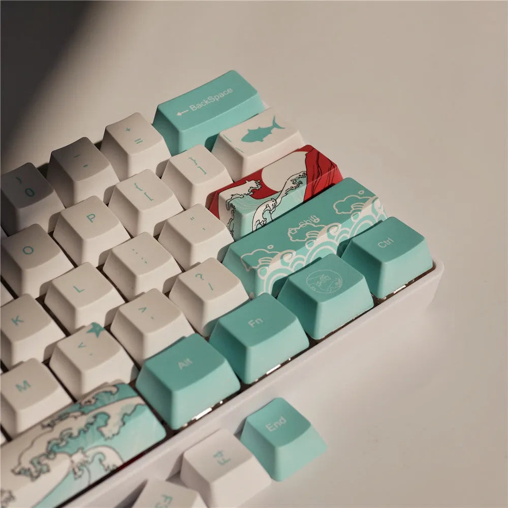 Coral Sea 108-key keycap set with wireless USB and multimedia keys on a mechanical keyboard