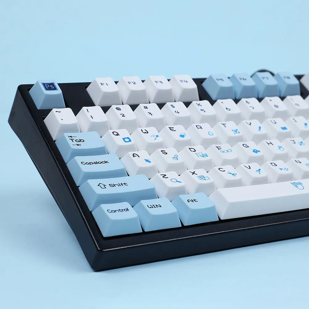 PS theme mechanical keyboard keycap set in blue and white with sublimation printed legends