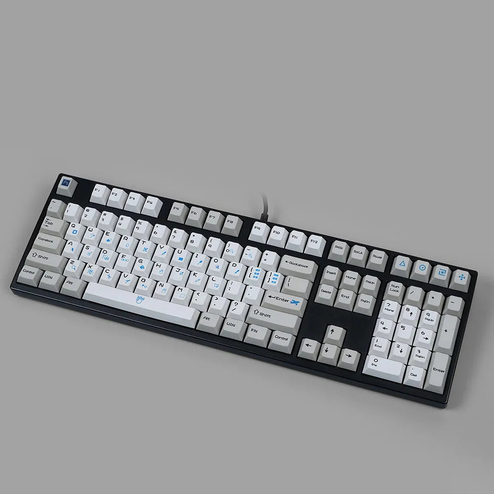 PS theme mechanical keyboard keycap set in blue and white with sublimation printed legends