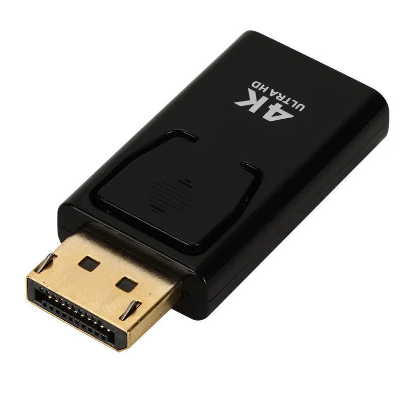 Black DP to HDMI adapter cable with male connectors for 4K signal conversion.