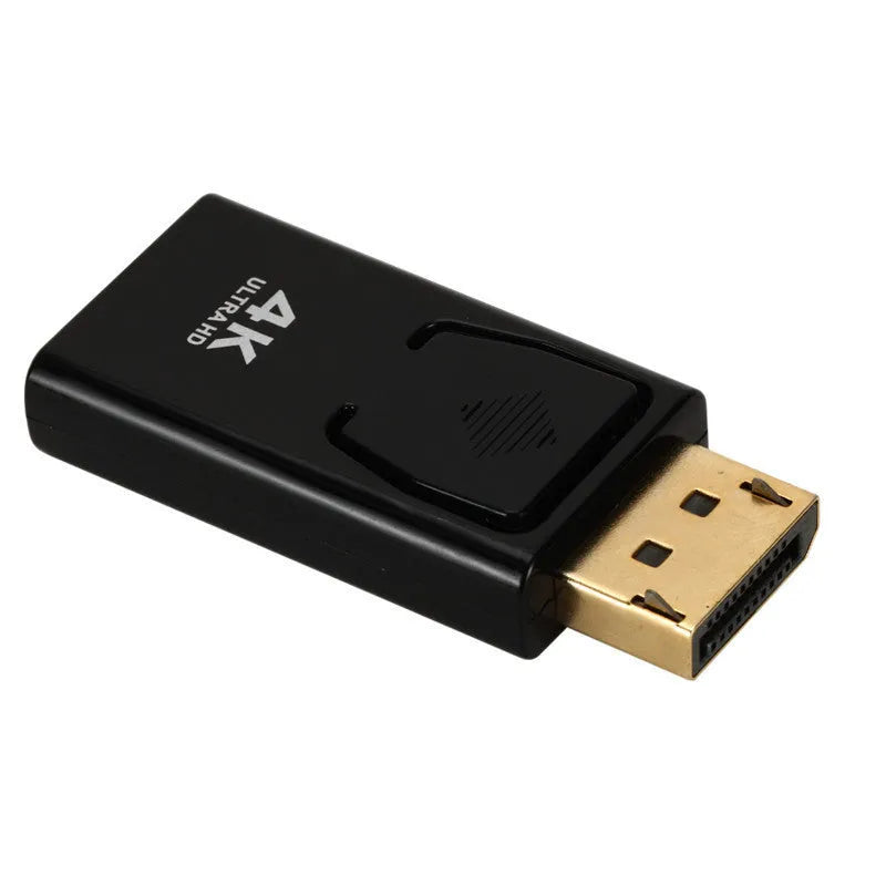 Black DP to HDMI adapter cable with male connectors for 4K signal conversion.