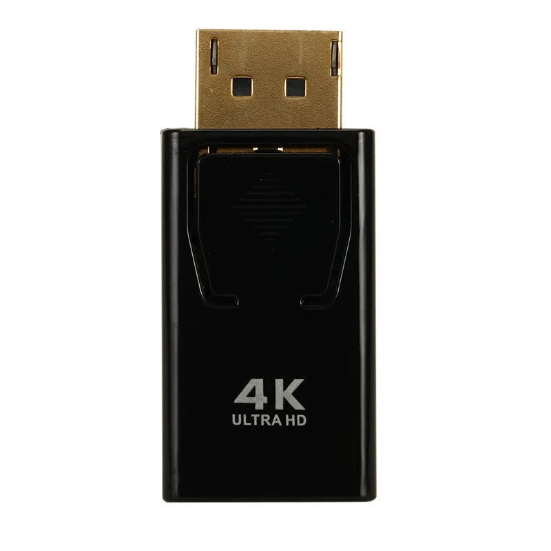 Black DP to HDMI adapter cable with male connectors for 4K signal conversion.